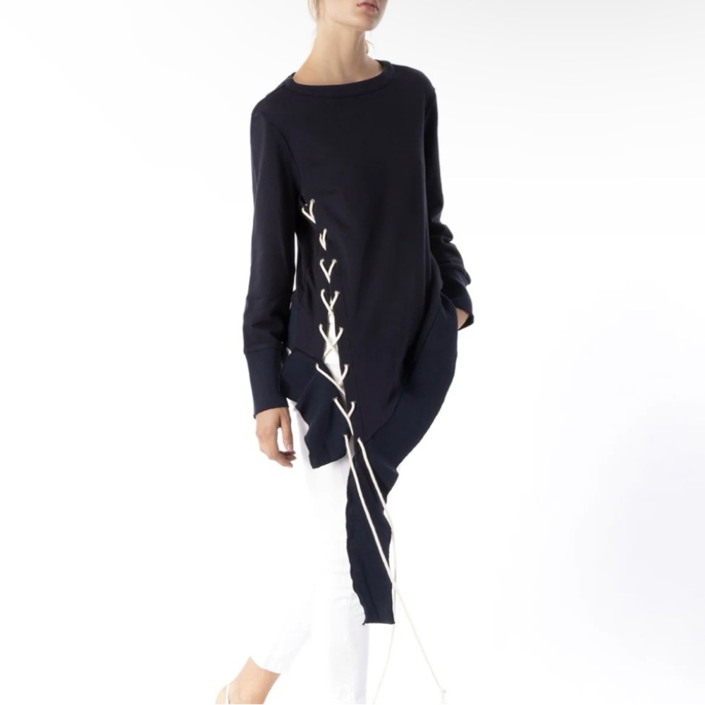 MAAC London Asymmetrical Navy Lace Up Sweatshirt